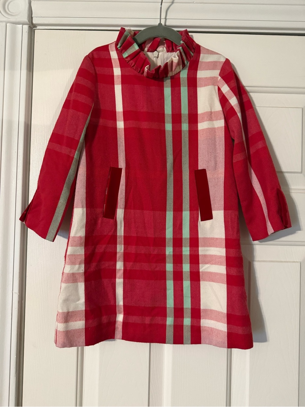 Petit Peony Red Plaid Ruffle Collar Shift Dress with velvet details